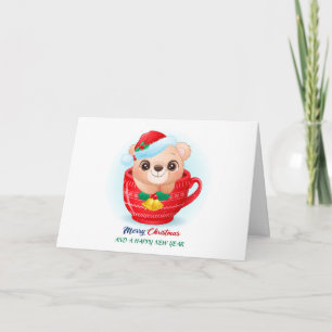 Cute Christmas Watercolor Baby Bear Santa Hat Holiday Card
