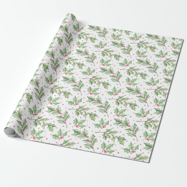 Cute Christmas Watercolor Botanical Holly Berries Wrapping Paper (Unrolled)