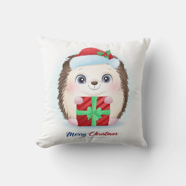 Cute Christmas Watercolor Hedgehog Nursery Throw Pillow (Front)