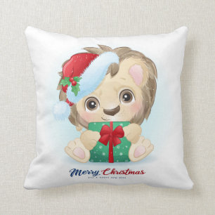 Cute Christmas Watercolor Lion Nursery Throw Pillow