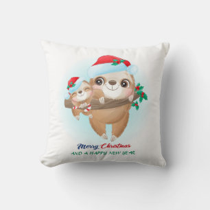Cute Christmas Watercolor Mom & Baby Sloth Nursery Throw Pillow