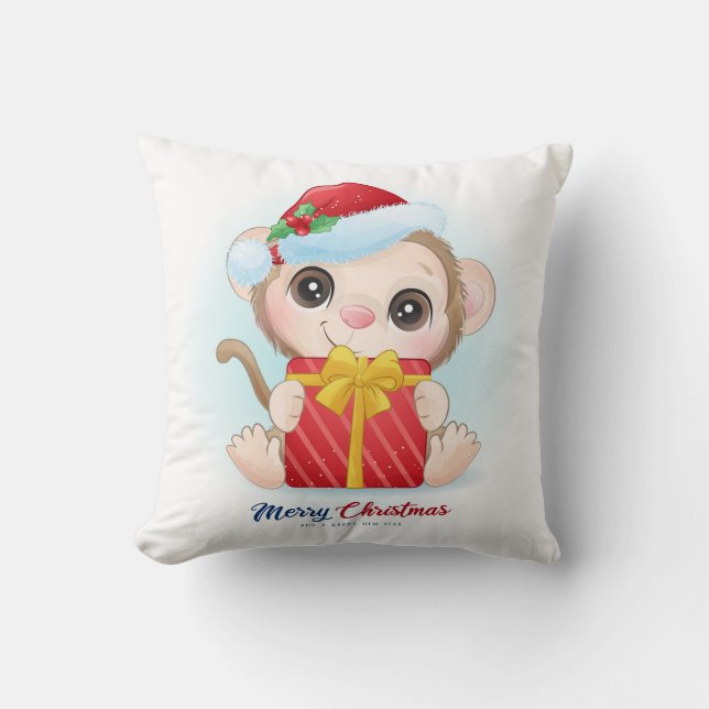 Cute Christmas Watercolor Monkey Nursery Throw Pillow (Front)