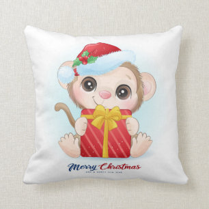 Cute Christmas Watercolor Monkey Nursery Throw Pillow