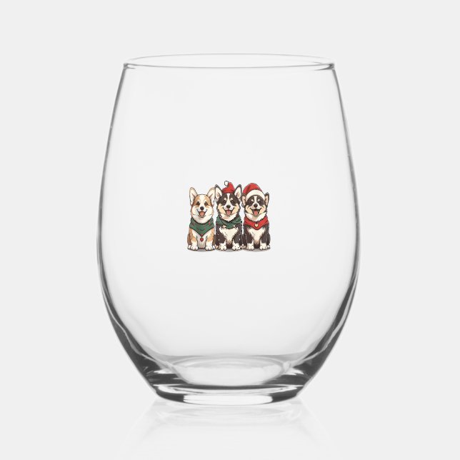 Cute Christmas Welsh Corgi Dogs Santa Puppy Holida Stemless Wine Glass (Front)