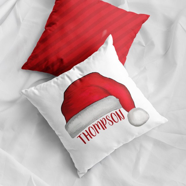 Cute Christmas Whimsical Santa Claus Holiday Throw Pillow (Personalized Santa hat Christmas pillow with custom family name festive holiday home decor accent.)