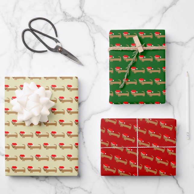 Cute Christmas Wiener Dog Cartoon Red Green Wrapping Paper Sheet (Front)