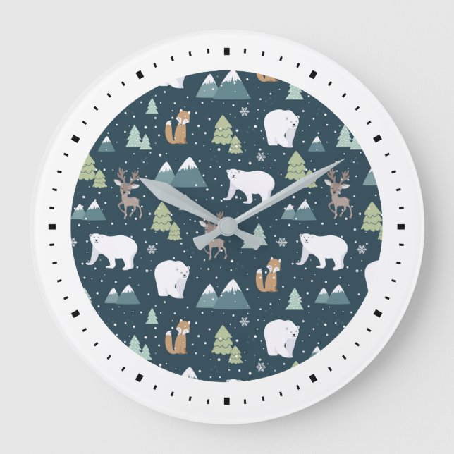 Cute Christmas Winter Animals Pattern Large Clock (Front)