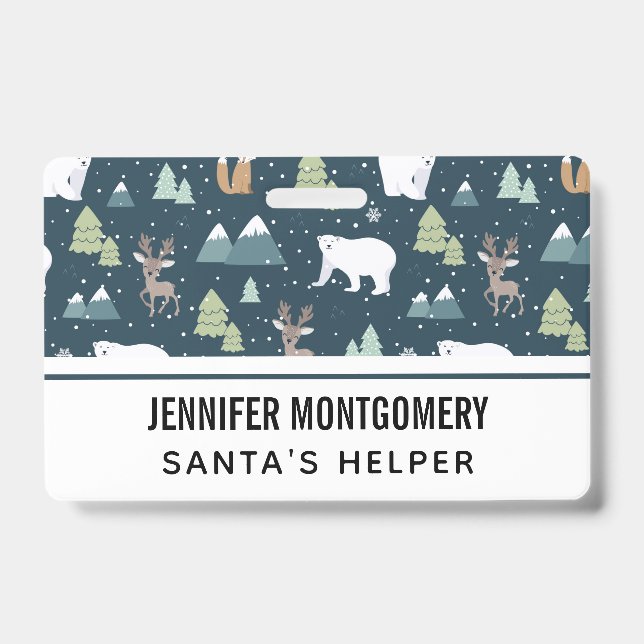Cute Christmas Winter Animals Rustic Pattern Badge (Front)