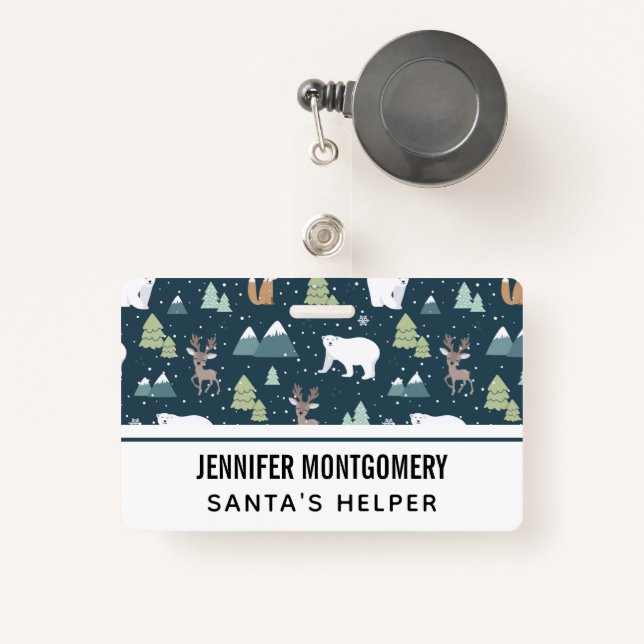 Cute Christmas Winter Animals Rustic Pattern Badge (Front with Retractable)