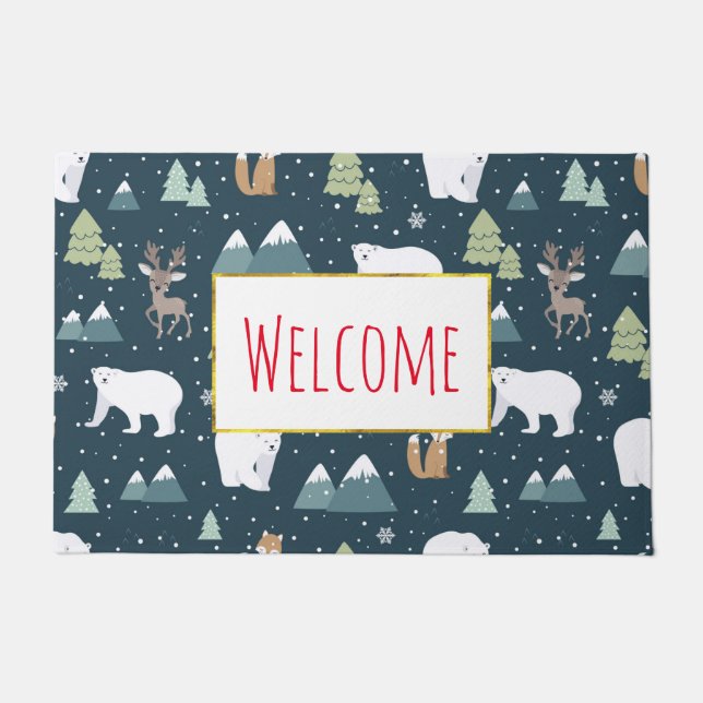Cute Christmas Winter Animals Rustic Pattern Doormat (Front)