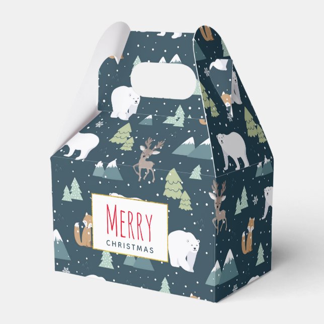 Cute Christmas Winter Animals Rustic Pattern Favor Box (Front Side)