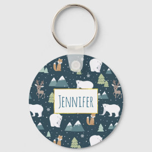 Cute Christmas Winter Animals Rustic Pattern Keychain
