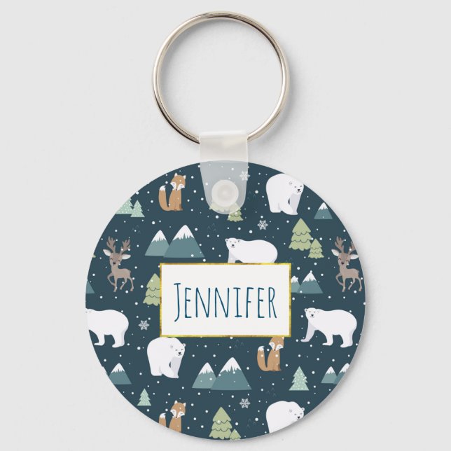 Cute Christmas Winter Animals Rustic Pattern Keychain (Front)