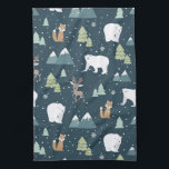 Cute Christmas Winter Animals Rustic Pattern Kitchen Towel<br><div class="desc">Kitchen towel with a whimsical festive pattern. Polar bears,  reindeers,  trees. foxes,  and snowflakes. On a dark green background.</div>