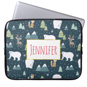 Cute Christmas Winter Animals Rustic Pattern Laptop Sleeve