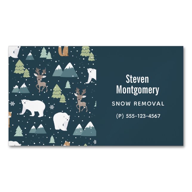 Cute Christmas Winter Animals Rustic Pattern Magnetic Business Card (Front)