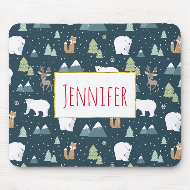 Cute Christmas Winter Animals Rustic Pattern Mouse Pad (Front)