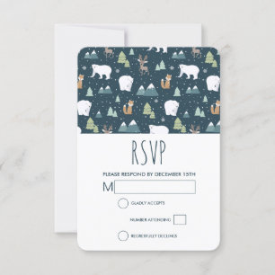 Cute Christmas Winter Animals Rustic Pattern RSVP Card
