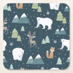 Cute Christmas Winter Animals Rustic Pattern Square Paper Coaster<br><div class="desc">Coasters with a whimsical festive pattern. Polar bears,  reindeers,  trees. foxes,  and snowflakes. On a dark green background.</div>