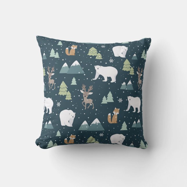 Cute Christmas Winter Animals Rustic Pattern Throw Pillow (Front)