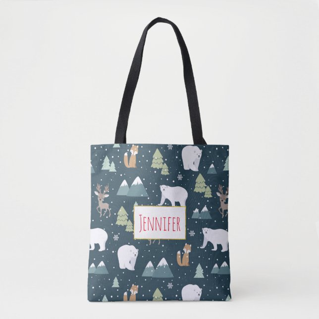 Cute Christmas Winter Animals Rustic Pattern Tote Bag (Front)