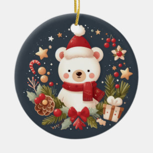 Cute Christmas/Winter bear in wreath Ceramic Ornament