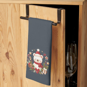 Cute Christmas/Winter bear in wreath Kitchen Towel