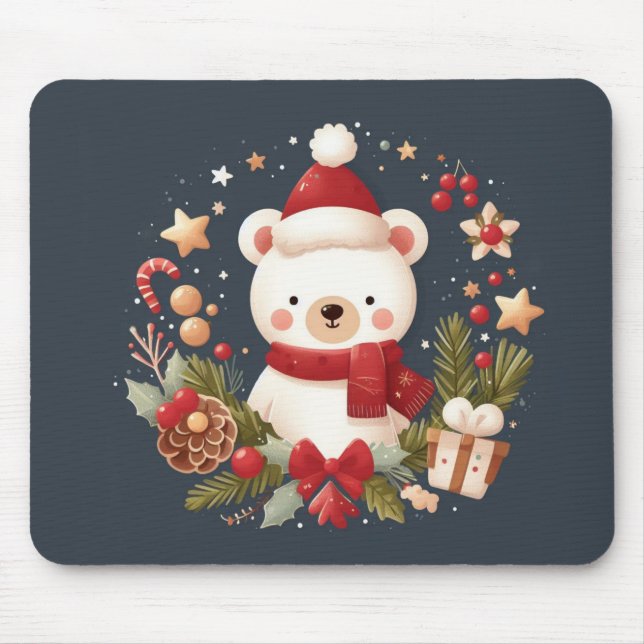 Cute Christmas/Winter bear in wreath Mouse Pad (Front)