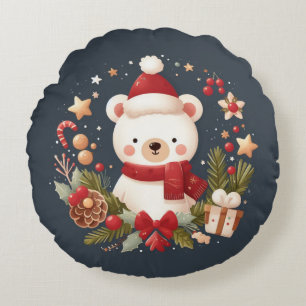 Cute Christmas/Winter bear in wreath Round Pillow
