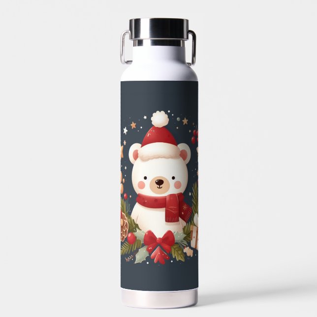 Cute Christmas/Winter bear in wreath Water Bottle (Front)