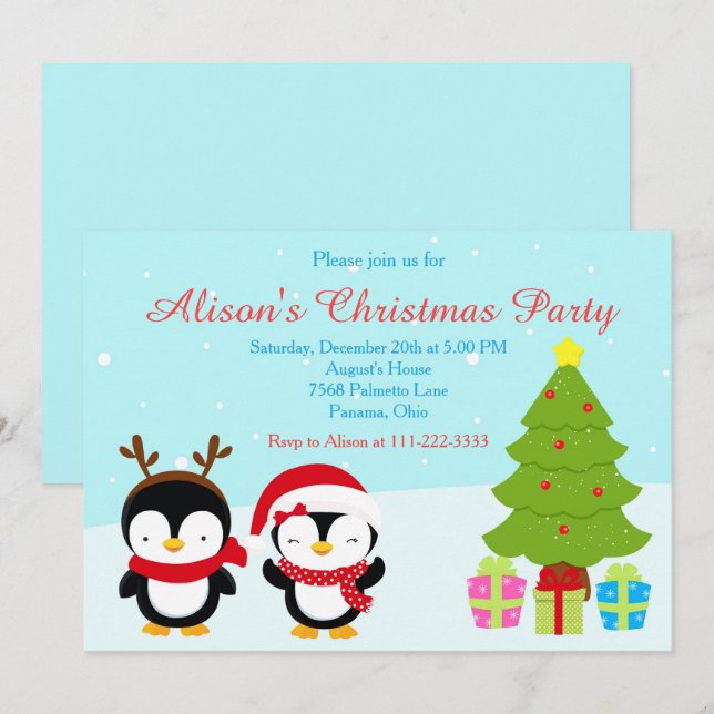 Cute Christmas Winter Penguins and Tree Invitation (Front/Back)