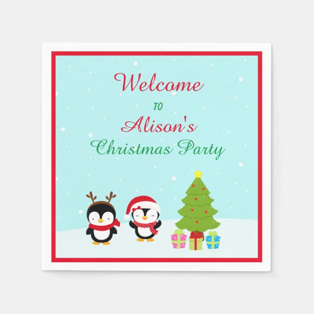 Cute Christmas Winter Penguins and Tree Napkin (Front)