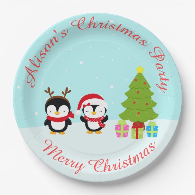 Cute Christmas Winter Penguins and Tree Paper Plate (Front)
