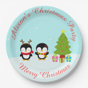 Cute Christmas Winter Penguins and Tree Paper Plate