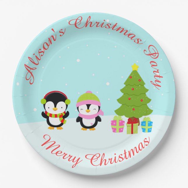 Cute Christmas Winter Penguins and Tree Paper Plate (Front)