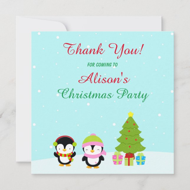 Cute Christmas Winter Penguins and Tree Thank You Card (Front)
