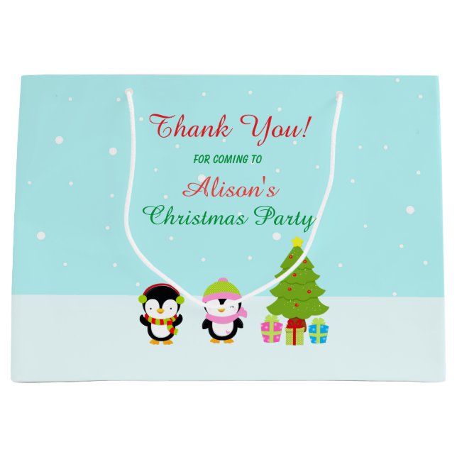 Cute Christmas Winter Penguins and Tree Thank You  Large Gift Bag (Front)