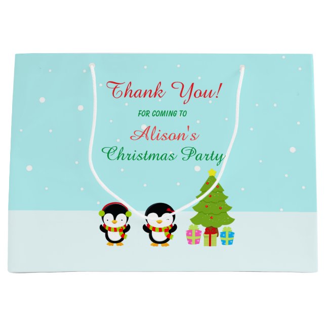 Cute Christmas Winter Penguins and Tree Thank You  Large Gift Bag (Front)