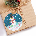 Cute Christmas Winter Snowman Classic Round Sticker<br><div class="desc">A cute snowman with a red scarf and black top hat decorates this Christmas sticker. The words Merry Christmas underneath can be personalized to the text of your choice.A fun accent to your Christmas gift wrapping. Designed for you by Blackberry Boulevard.</div>