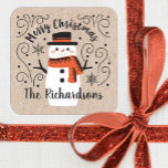 Cute Christmas Winter Snowman Square Sticker<br><div class="desc">A pretty personalized Christmas Sticker with the words Merry Christmas and a cute snowman on a kraft coloured background. Great for putting on your baked holiday treats,  presents,  Christmas Cards,  and more. Designed for you by Blackberry Boulevard.</div>
