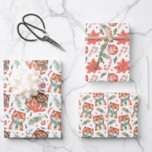 Cute Christmas Winter Watercolour Cats Wrapping Paper Sheet