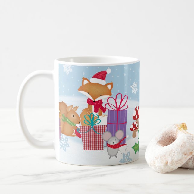 Cute Christmas Winter Woodland Animals Art Coffee Mug (With Donut)