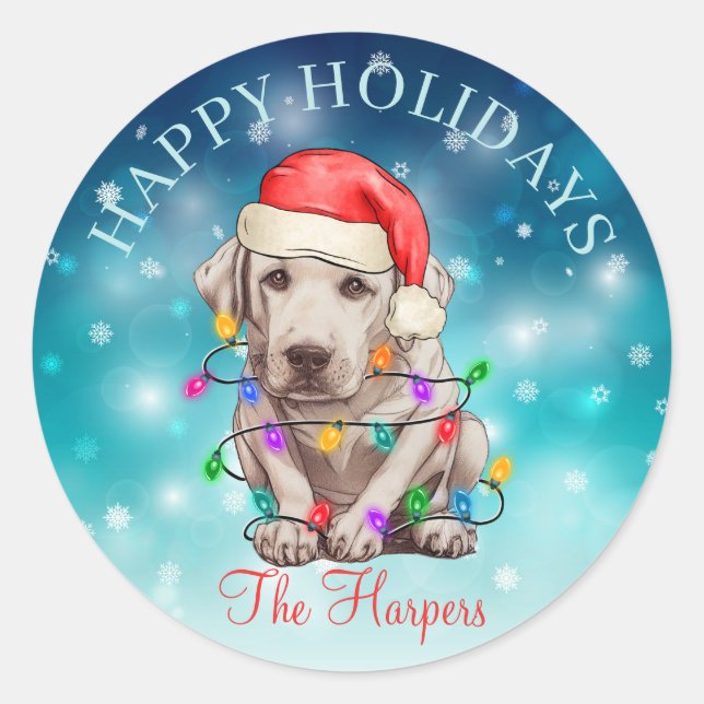 Cute Christmas Wish Happy Holidays Dog Pet Custom Classic Round Sticker (Front)