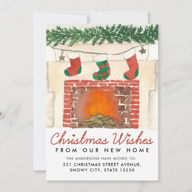 Cute Christmas Wishes Fireplace Holiday Moving Announcement (Front)