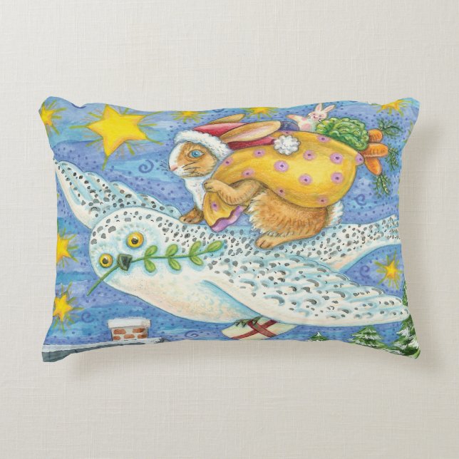 Cute Christmas with Rabbit as Santa Claus on Owl Accent Pillow (Front)