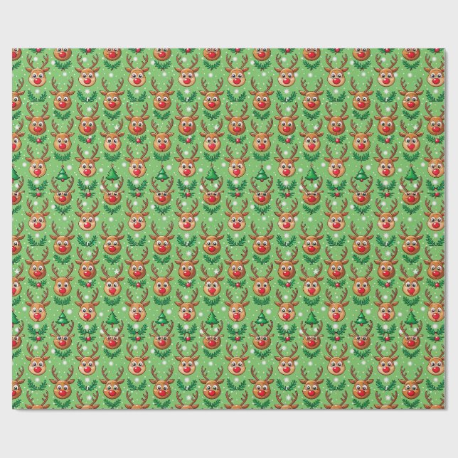 Cute Christmas Wrapping Paper–Deer, Trees & Holly Wrapping Paper (Flat)