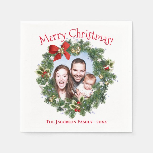Cute Christmas Wreath Photo Frame Holiday Napkin (Front)