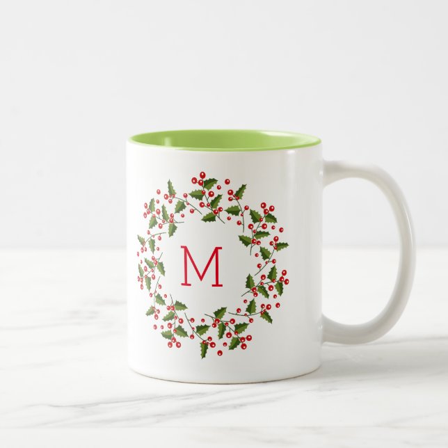 Cute Christmas Wreath Red & Green Two-Tone Coffee Mug (Right)
