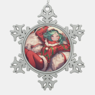Cute Christmas Xmas Holiday Red Green Anime Girl Snowflake Pewter Christmas Ornament
