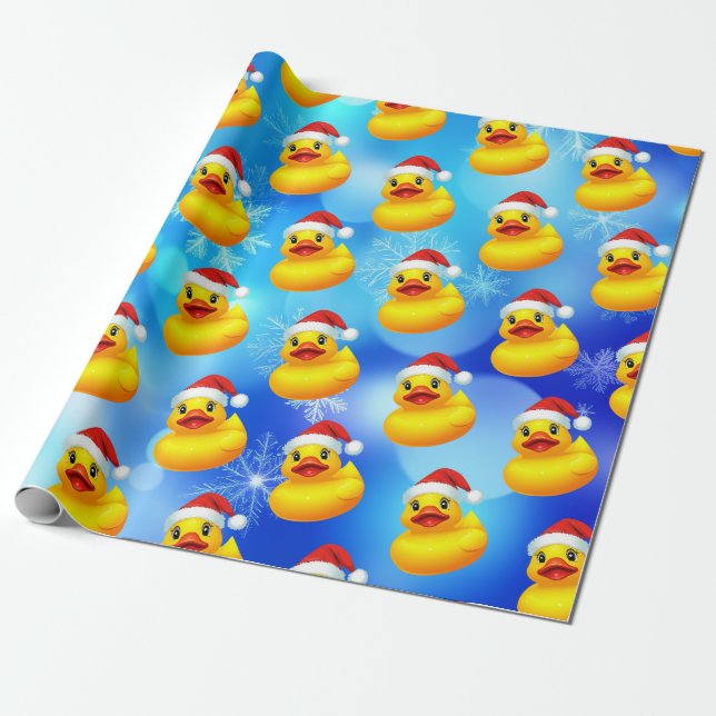 Cute Christmas Yellow Rubber Duck Wrapping Paper (Unrolled)